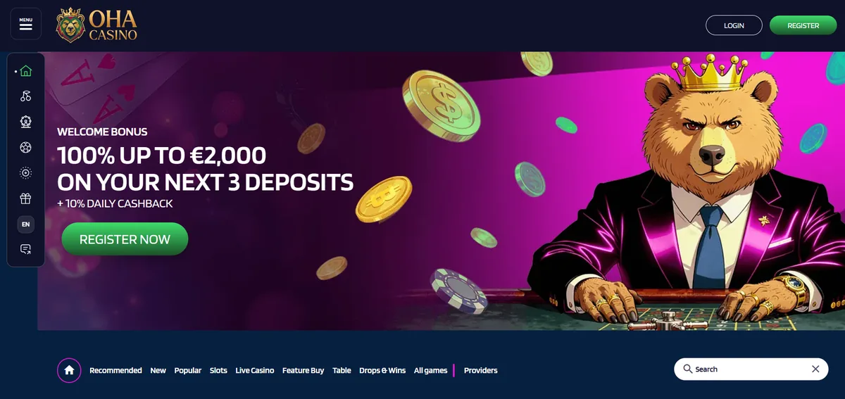 Oha Casino homepage in beeld